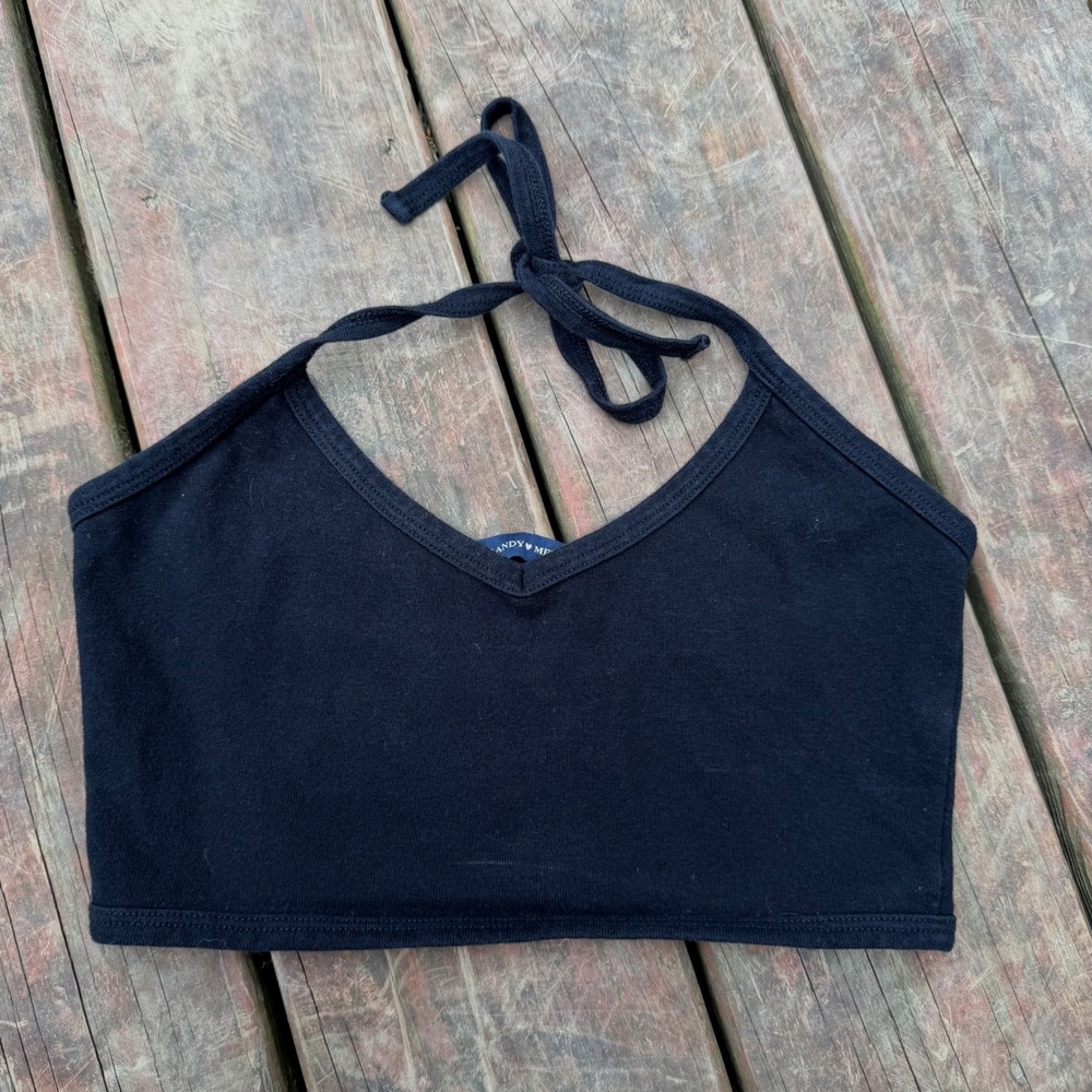 Brandy Melville Black Halter Crop Top Pointed Hem Tie Neck One Size Y2K Style